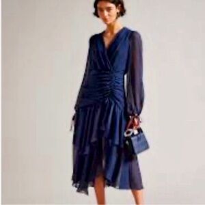 Ted Baker KIALI Elegant Navy Blue Ruched Dress Sz US 10 Or Ted Sz 4